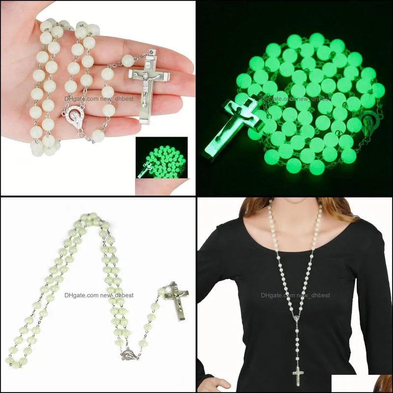 glow in the dark cross rosary necklace for women luminous catholic beads religious jesus crucifix pendant necklace jewelry