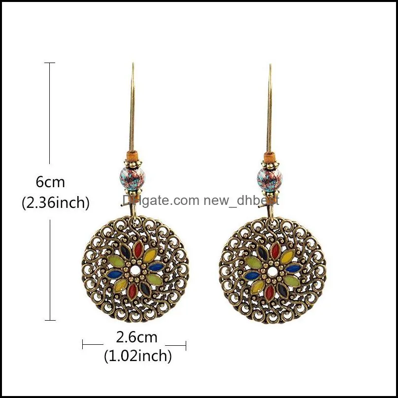  arrival vintage hollow earrings antique round blue stone pendant hollow enamel flower dangle earrings jewelry for women