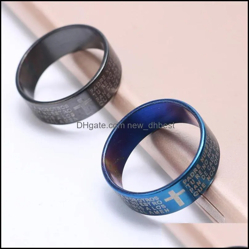 316l stainless steel mens cross rings blue black silver religious scripture lettering titanium steel pinky ring for women couple