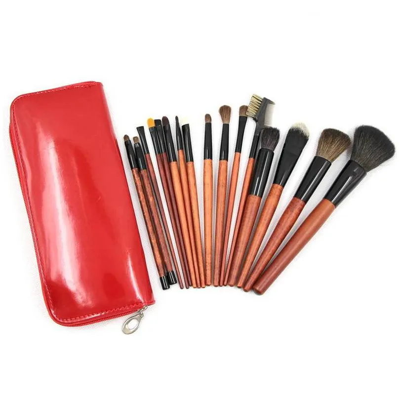 16 pcs makeup brushes set red brushed leather bag high grade wholesale professional makeup brush kit