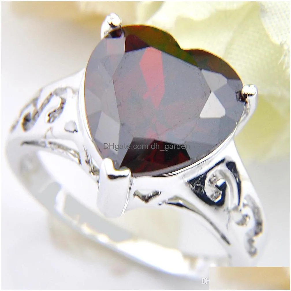 5 pcs lot mothers gift classic cut heart shaped red garnet rings 925 sterling silver plated for women zircon rings jewelry