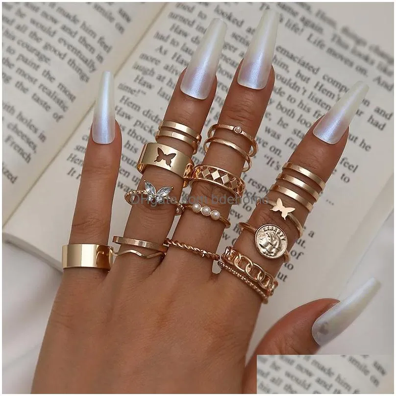 fashion jewelry knuckle ring set hollow out butterfly geometric round stacking rings midi rings sets 15pcs/set
