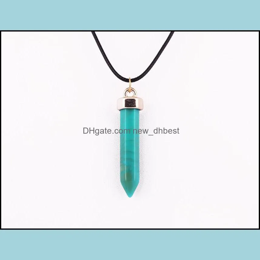 fashion bullet shape natural stone pendant necklaces hexagonal prism quartz turquoise crystal gems jewelry for women men gold/silver