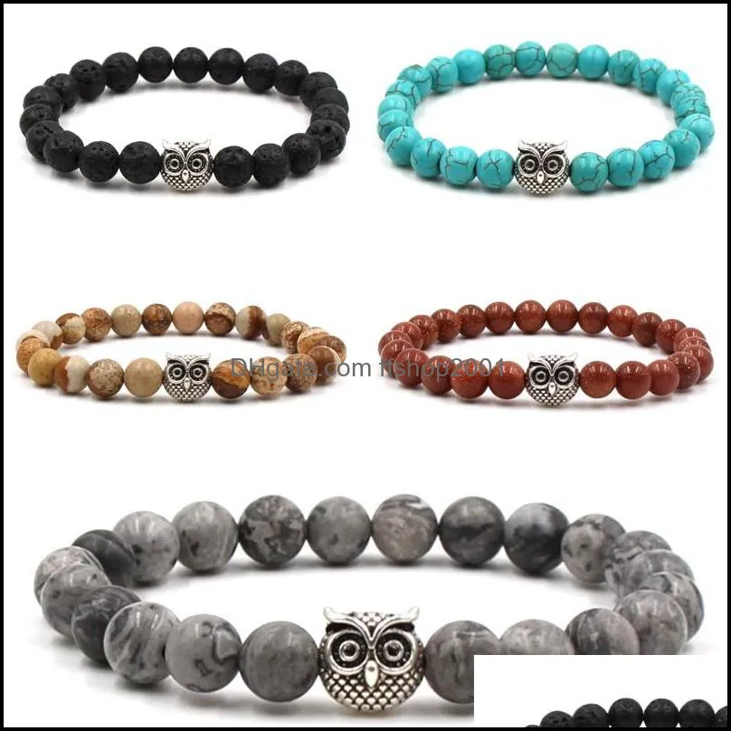 natural stone turquoise owl bracelet 8mm yoga beads casual beaded bracelets bangle for men women jewelry birthday gift m487a f