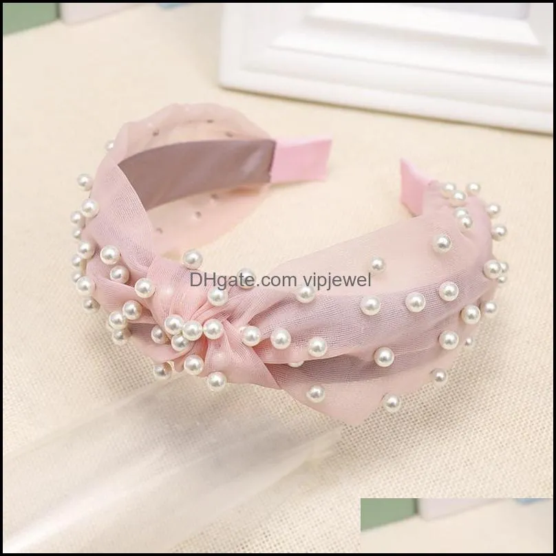 creative knot pearls headbands for women girls handmade wide solid gauze fabric twist hairband bezel hair hoop hairs accessories