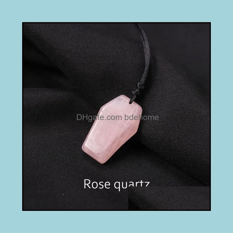 natural healing stone coffin shape crystal pendant energy obsidian rose quartz carved necklace diy jewelry crafts gift
