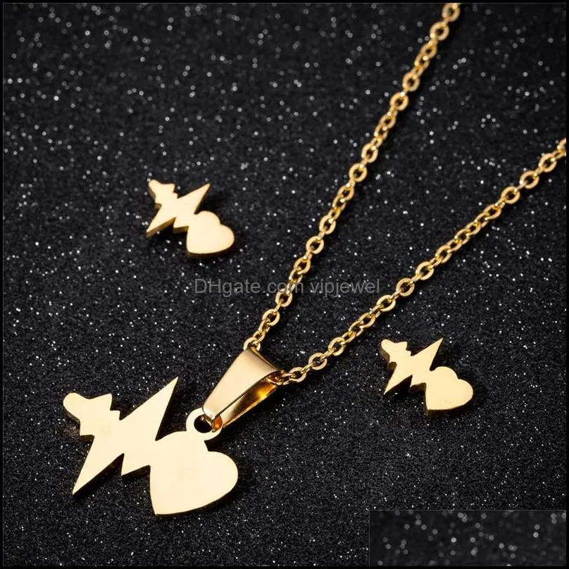 gold heart necklace earrings jewelry set fashion special gifts jewelry stainless steel heartbeat pendant necklace