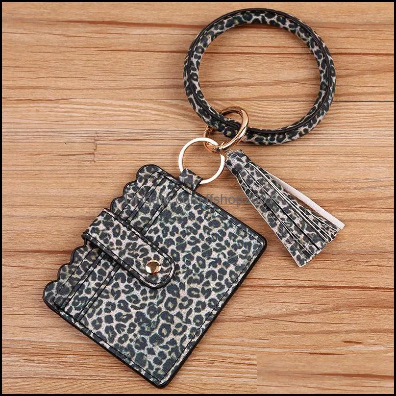 card bags wristband bracelet wallet key ring bag for women men leopard o pu leather tassel bangle keychain jewelry q406fz