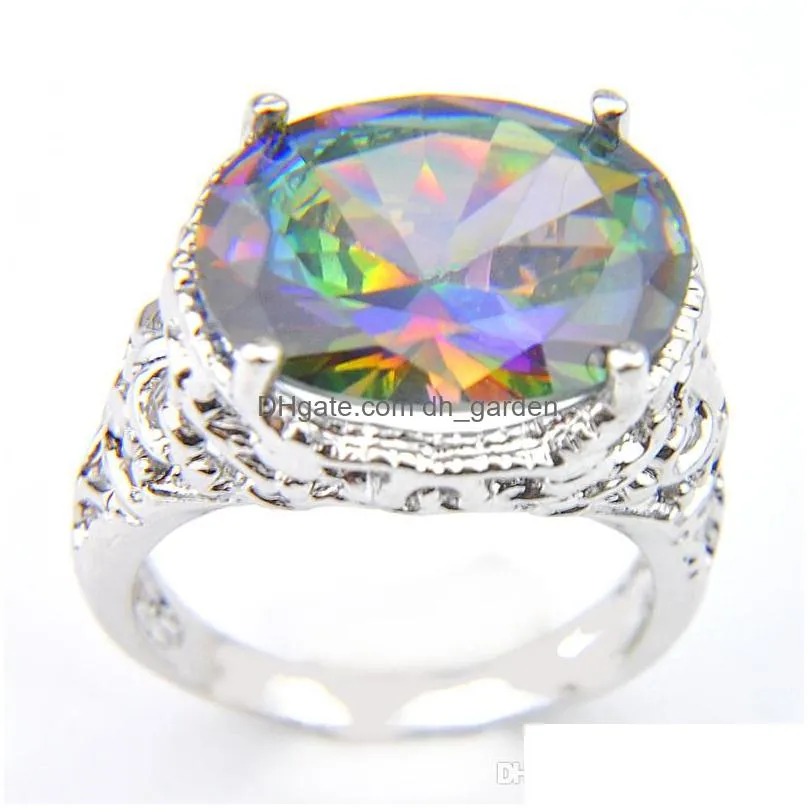 10 pcs luckyshine oval shiny rainbow natural mystic topaz gems 925 sterling silver plated woman men party rings jewelry 16x12 mm