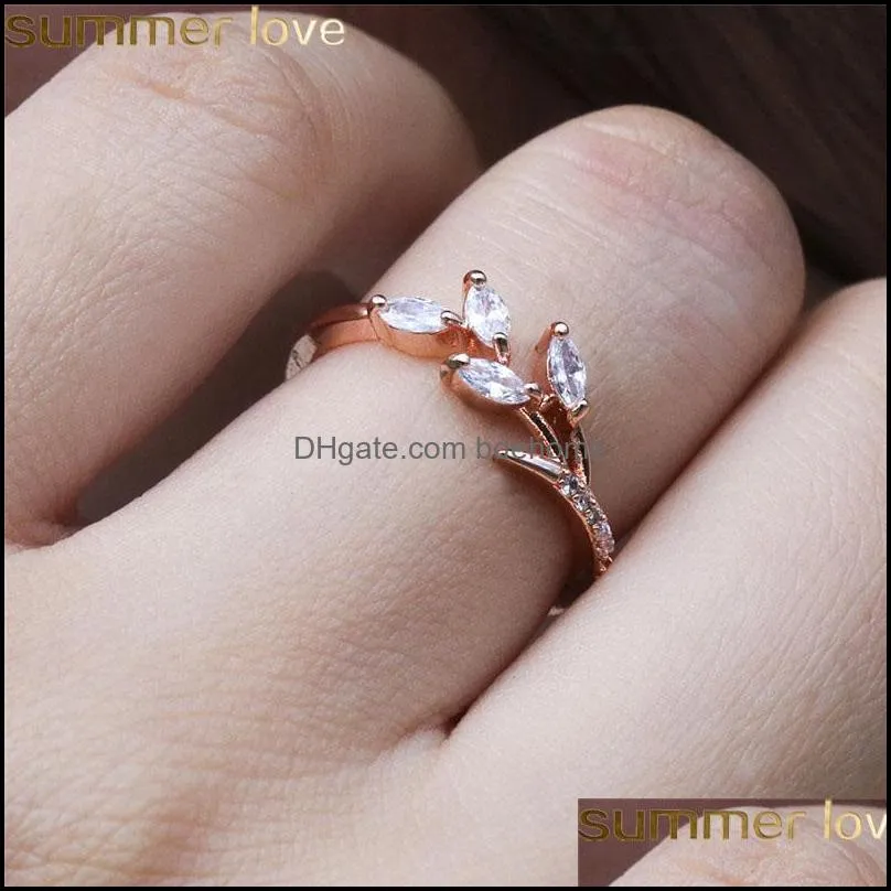 fashion leaf crystal engagement rings womens horse eye shape wedding zircon band rings for women silver rose gold rings jewelry gifts