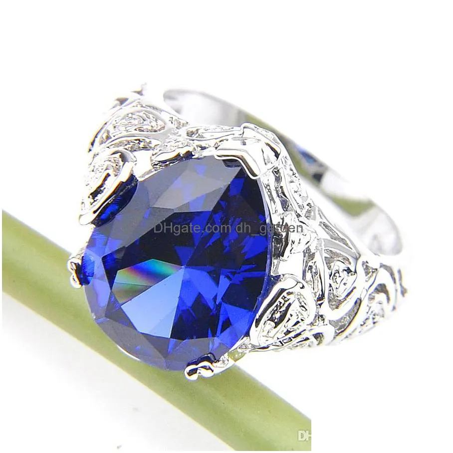 10 pcs/lot vintage blue womens 925 sterling silver plated rings water drop swiss blue topaz gems fashion ring jewelry gift
