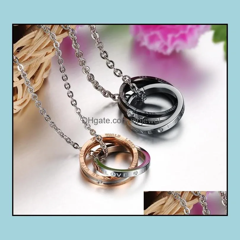 stainless steel couple necklace eternal love rhinestone round pendant necklaces silver black rose gold for men women valentines day