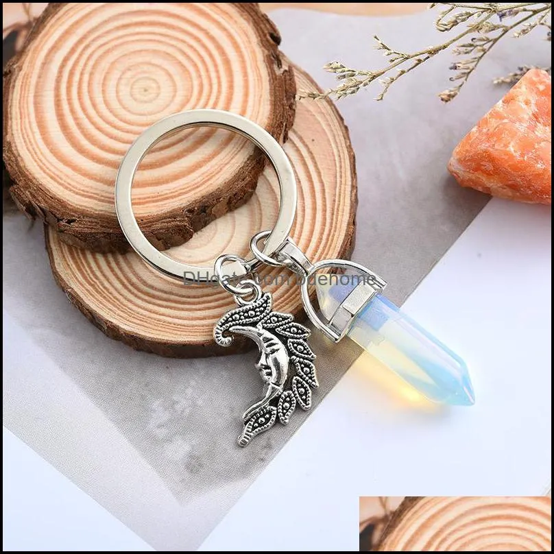 natural opal stone keychain women hexagonal column rose quartz key chains with sun moon jewelry couple friends