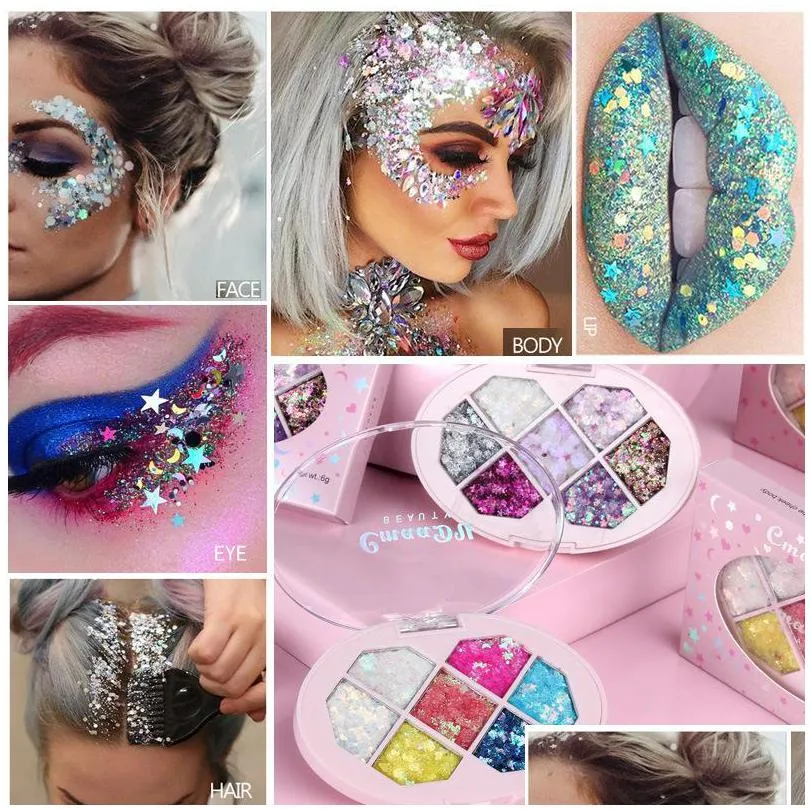 7 color sequin eyeshadow cream palette diamond alien pink sequins pentagram fragment moon star cmaadu wholesale stage makeup