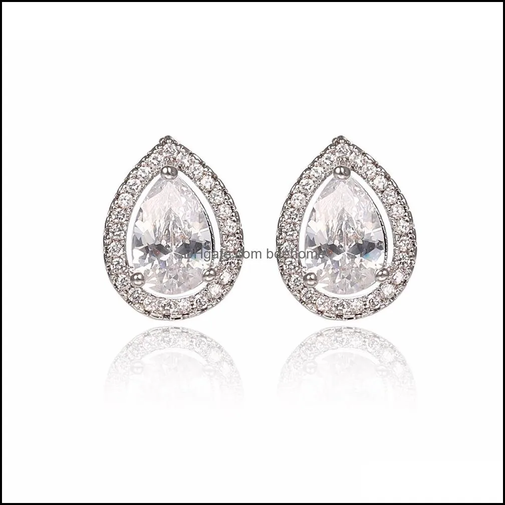 fashion water drop design stud earrings top quality white rhinestone cubic zircon stud earring for women jewelry bridal wedding party