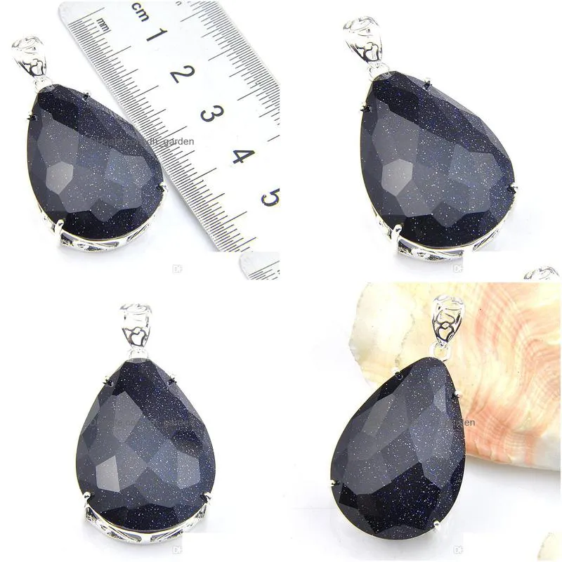 luckyshine pure handmade vintage blue sandstone pendants 925 silver women teardrop wedding necklace pendants jewelry 1.58