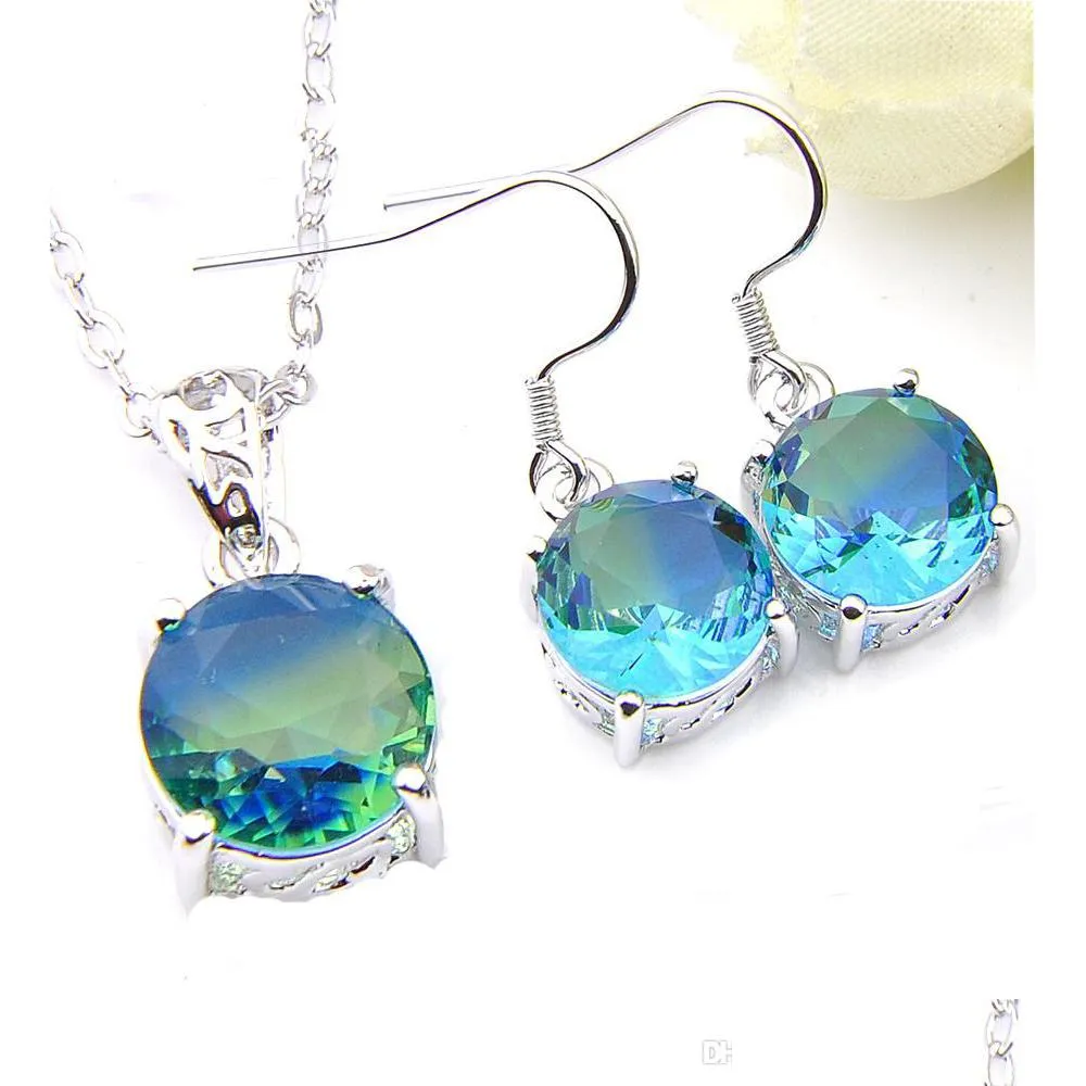 luckyshine 925 sterling silver plated jewelry sets round bi colored tourmaline gem pendants drop earrings jewelry set for women 