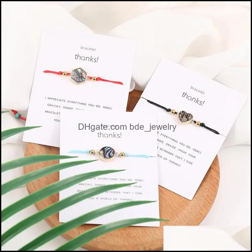 abalone shell heart round cross hexag charm bracelet handmade braided rope friendship bracelet with card for women fashion designer