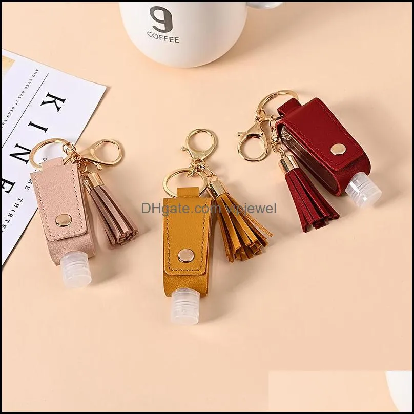 creative hand sanitizer pu protective leather case keychain disinfectant health tassel pendant refillable bottle containers 30ml