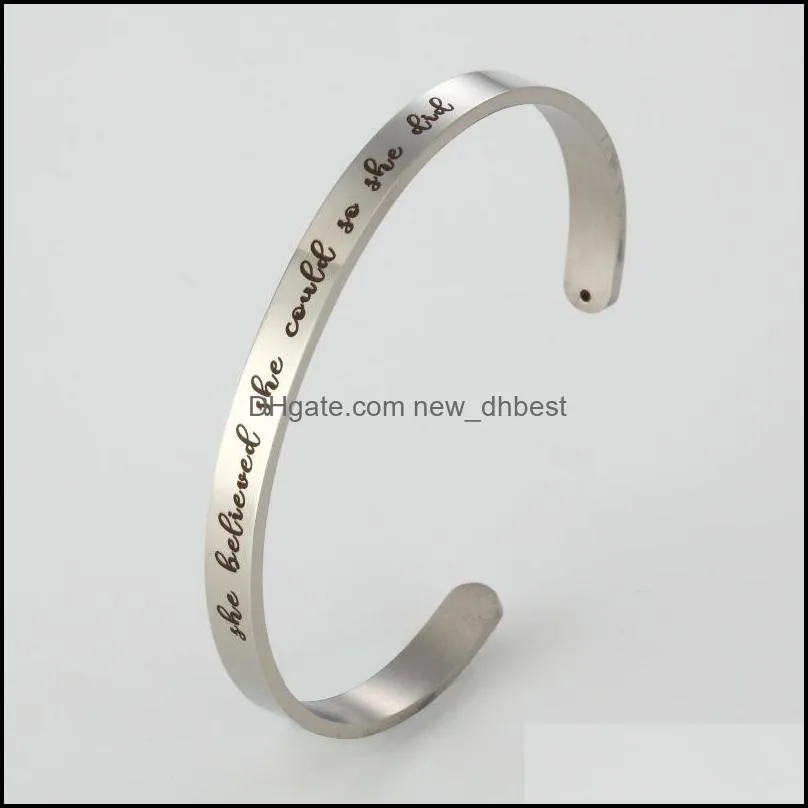 stainless steel inspirational cuff bangle she believed she could so she did simple lettering word bracelets for women men fashion