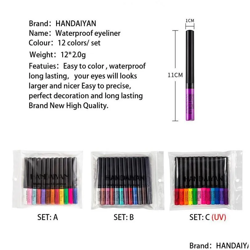 coloured eyeliner waterproof 12pcs/set matte finish easy to wear natural fast uv fluorescent excellent pigmentation durability handaiyan