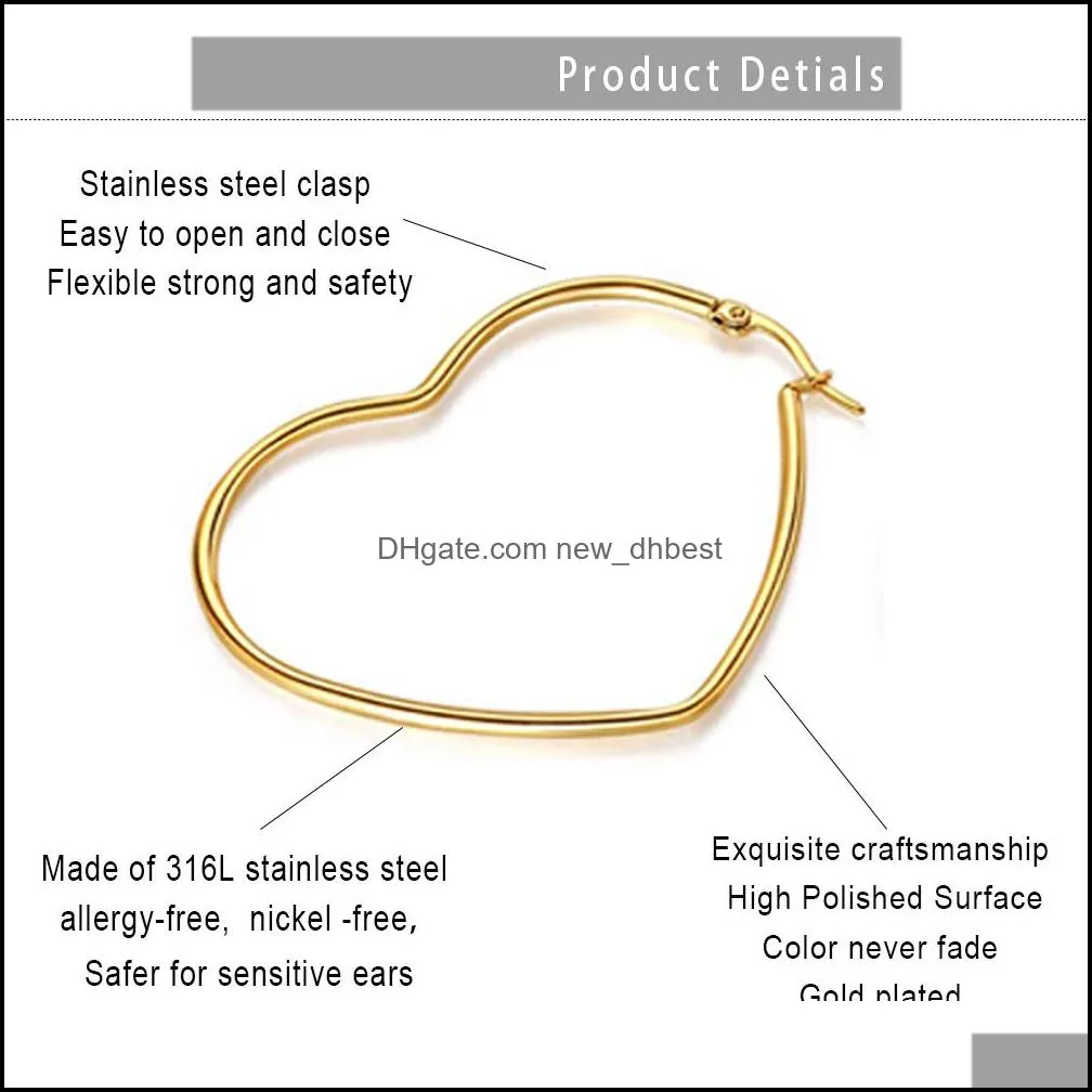 trendy big heart oval hoop earrings 20mm70mm 316l stainless steel gold silve earrings simple party round loop earrings for women