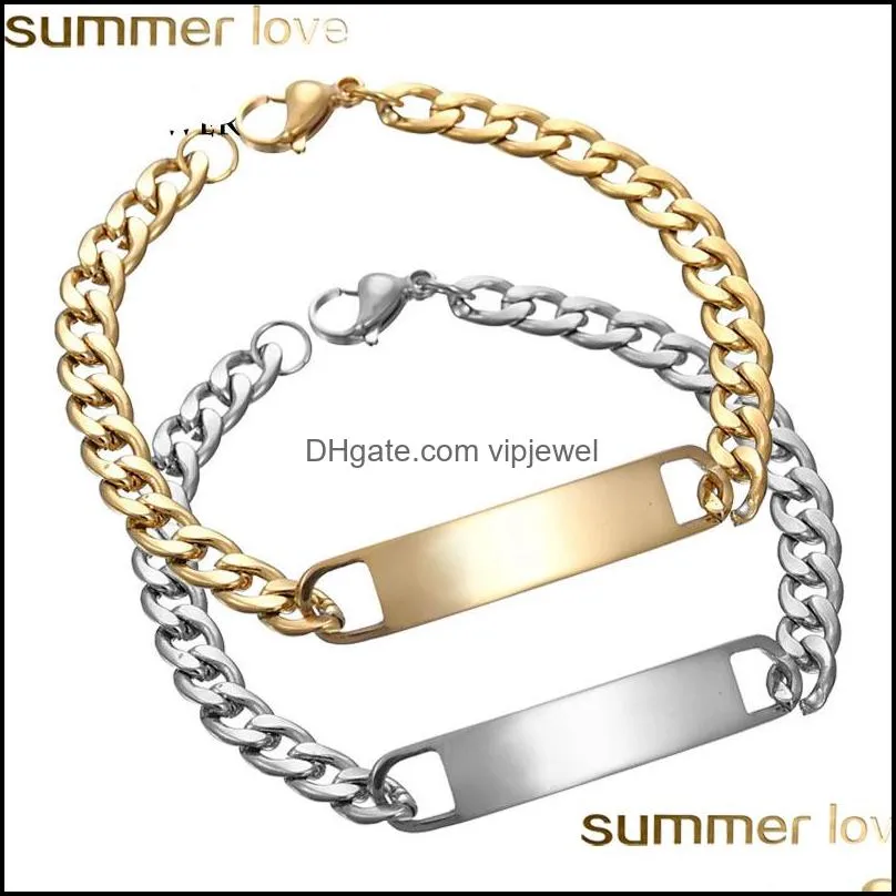 high quality bar chain bracelet men stainless steel bracelet can engraving letter name silver color adjustable buckle bangle 3 colors
