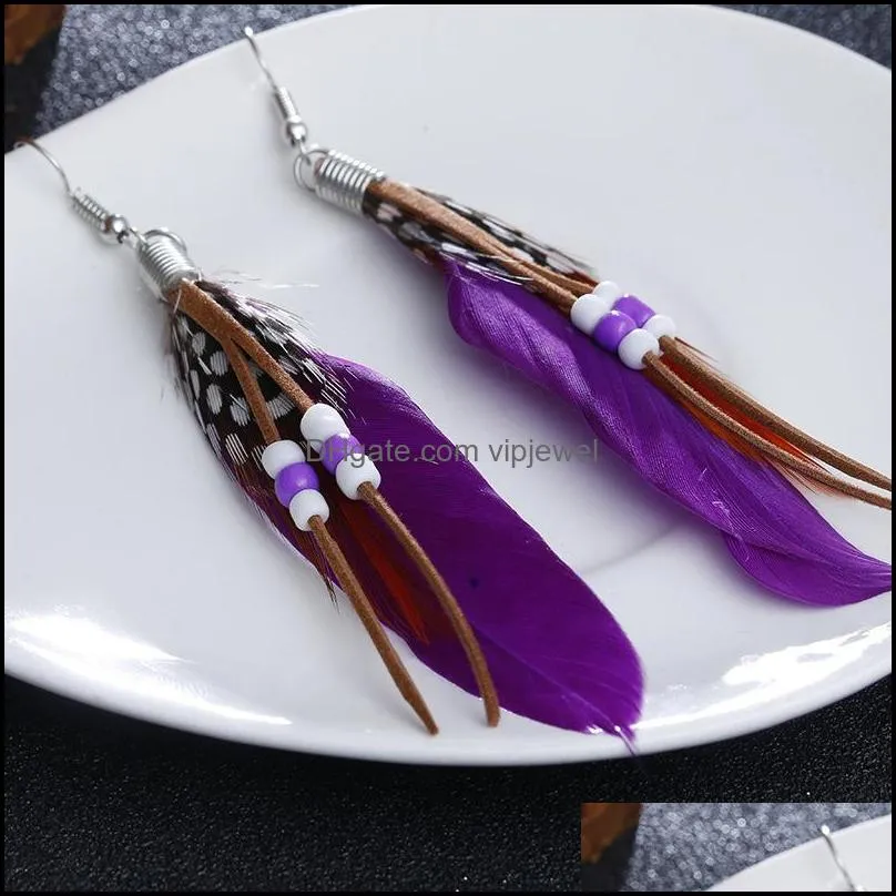 fashion feather earrings bohemian ethnic long tassels drop hanging leather beads earrings for elgant women girls 10 colors wholesale