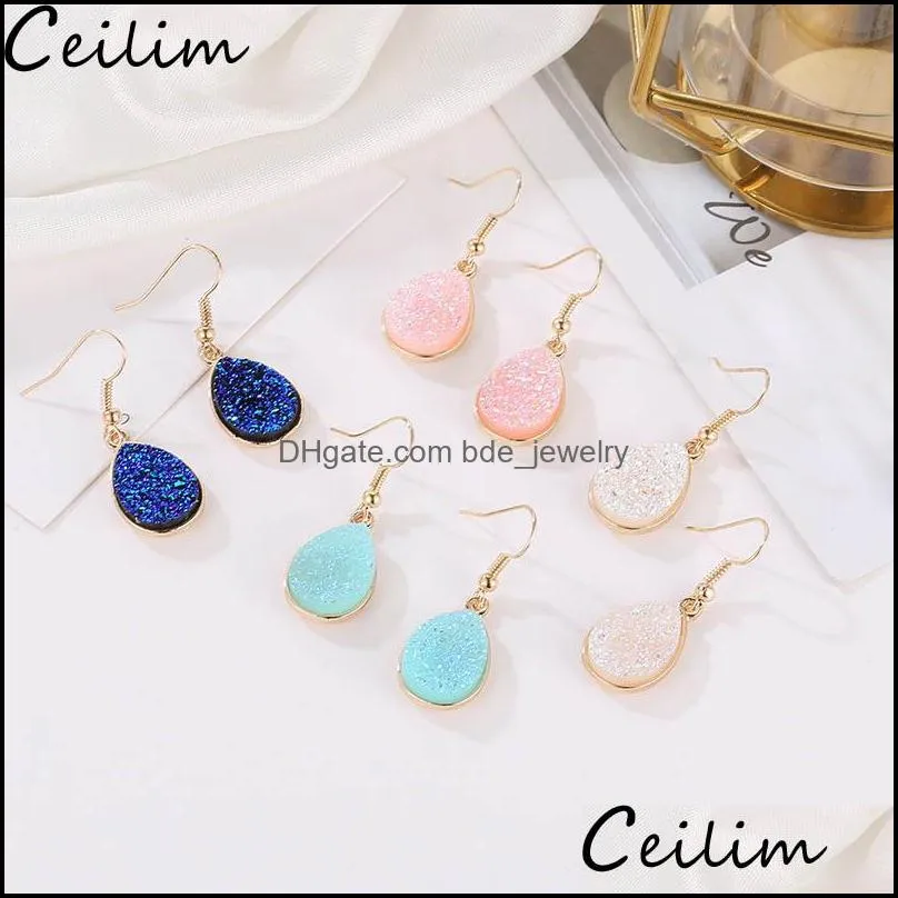 handmade druzy resin stone earrings for women teardrop drusy dangle earrings gold plating big hook ear party jewelry gifts