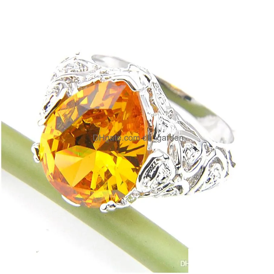 10 pcs/lot womens wedding jewelry rings est drop pear shape yellow citrine 925 sterling silver plated shiny cz ring jewelry