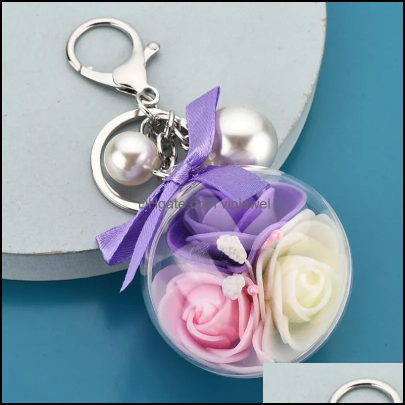 fashion women transparent acrylic ball pendant keychains simulation rose flower charms pearl lovely car bag keychain accessories