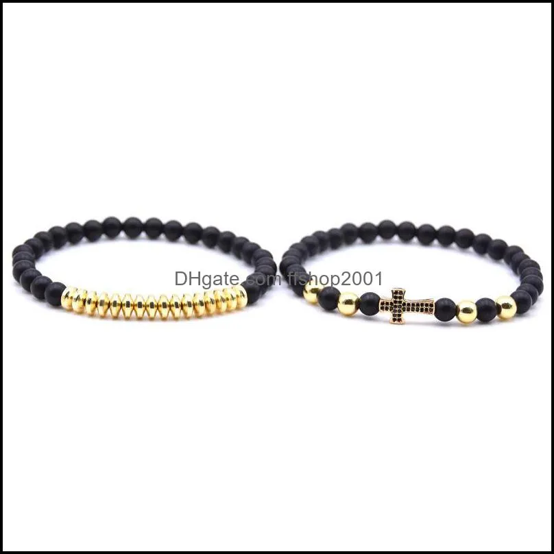 natural stone black matte bracelets bangle yoga beads 2pcs/set fashion cross elastic bracelet for women men jewelry dhs