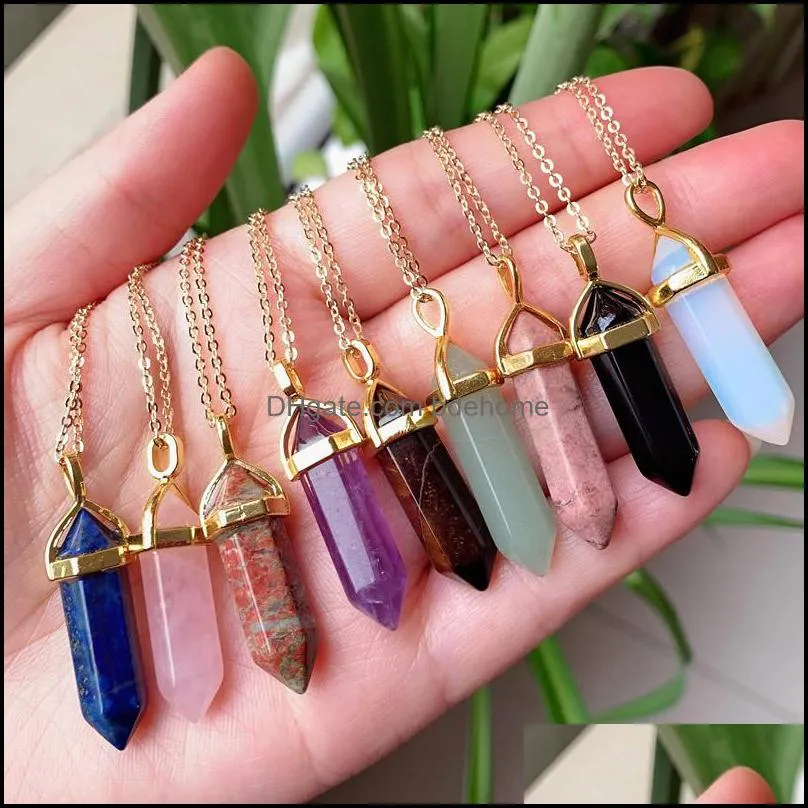 reiki real natural stone necklace chakra pendant hexagonal bullet amethysts opal pink purple crystal necklace women jewelry