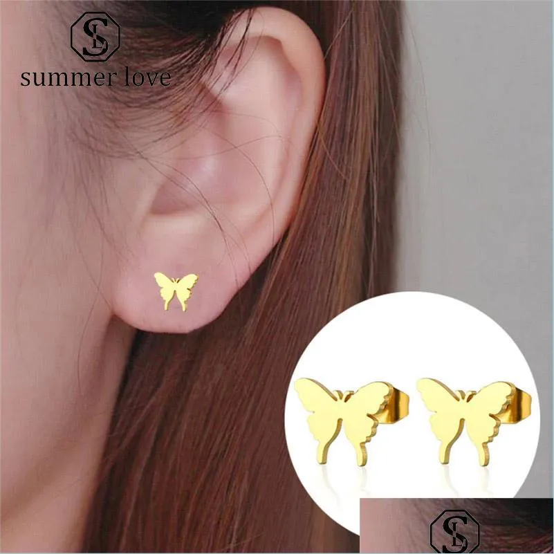 2019 butterfly stainless steel stud earrings for women titanium steel rose gold and silver gold black fashion stud earrings