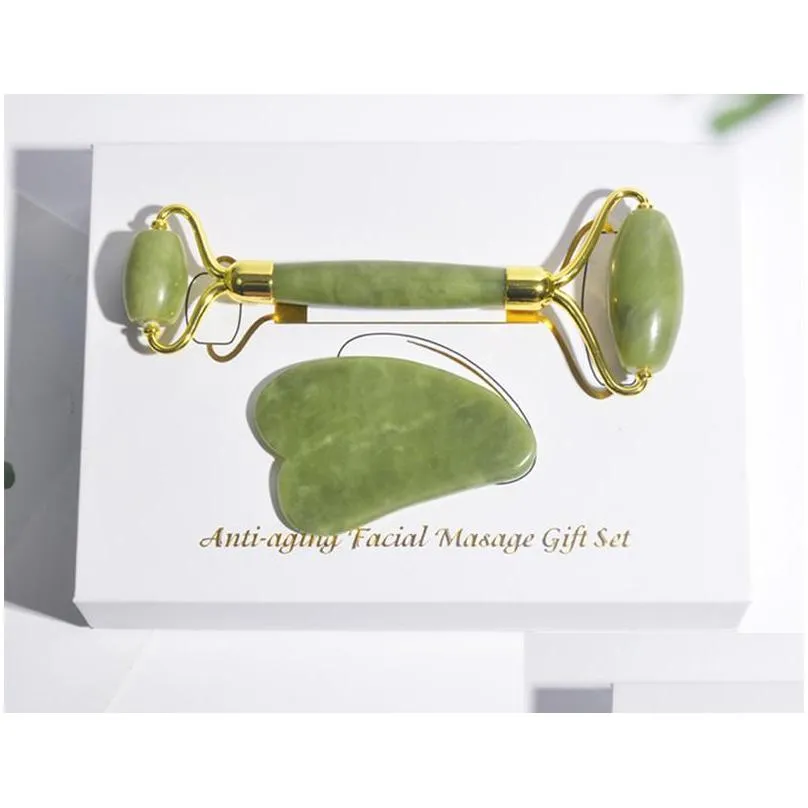 wholesale natural jade roller thin face massager lifting tools slim facial gua sha green stone antiaging wrinkle skin beauty care set