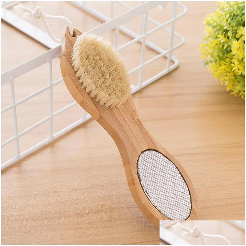 foot brush pumice stone rasp file exfoliating stone bamboo handle pedicure tool 4 in 1 multifunctional foot scrub