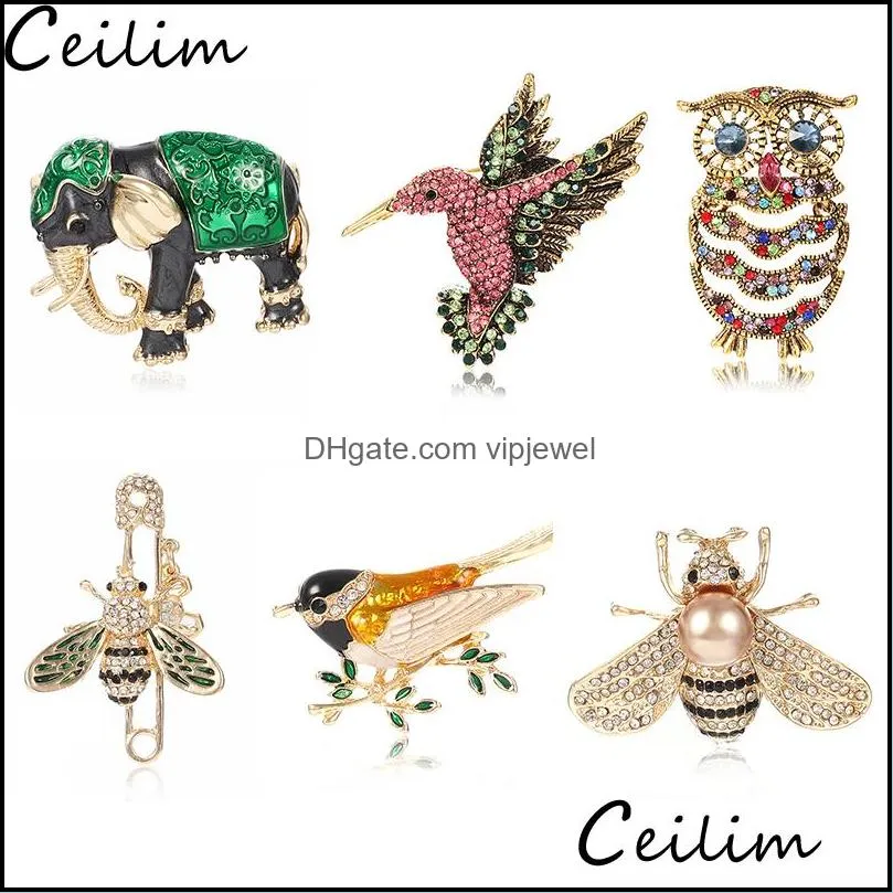 cute owl bird bee brooches for women animal shapes crystal green black bee brooch pins badges for clothes bags female brooches jewelry