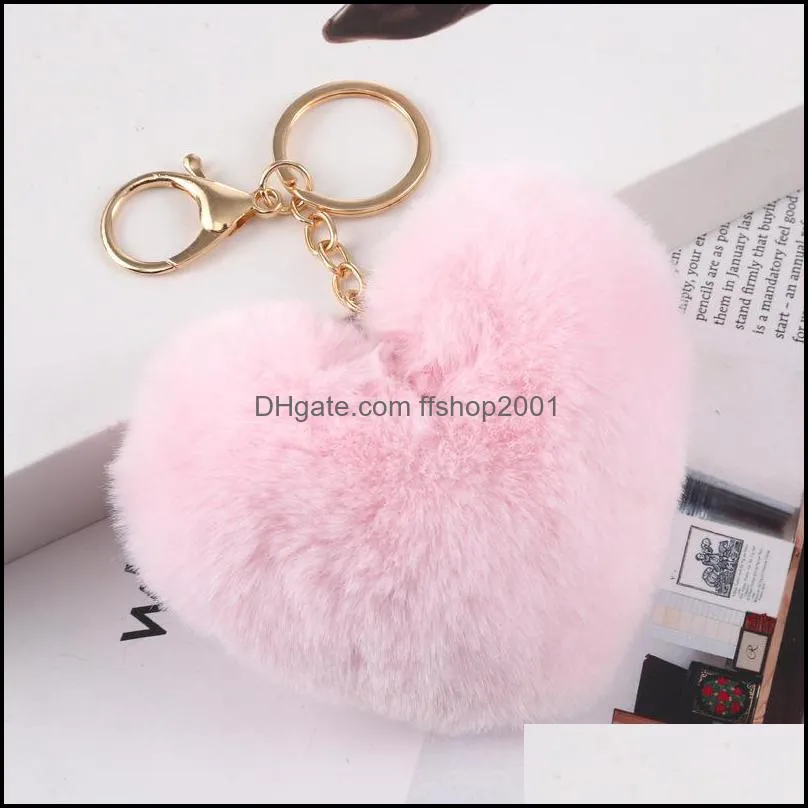 fluffy heart pompom key rings for women valentines day faux rabbit fur plush keyfobs holder leopard pompoms keychains p155fa