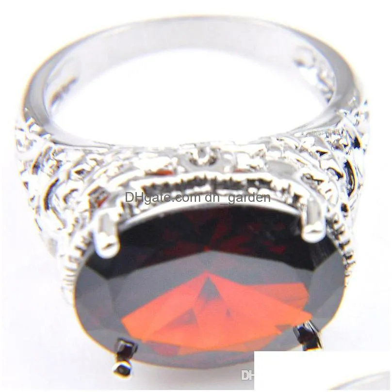 luckyshine 925 sterling silver plated ellipse red garnet rings for women zircon 12x16 mm claw holiday gift rings