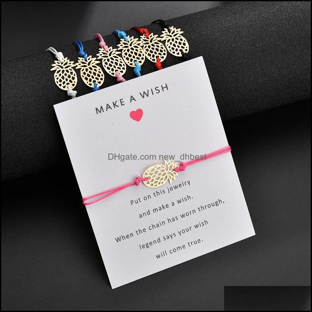 make a wish pineapple shaped charm bracelet with gift card for women gold fruit white black red pink string rope wrap banglejewelry
