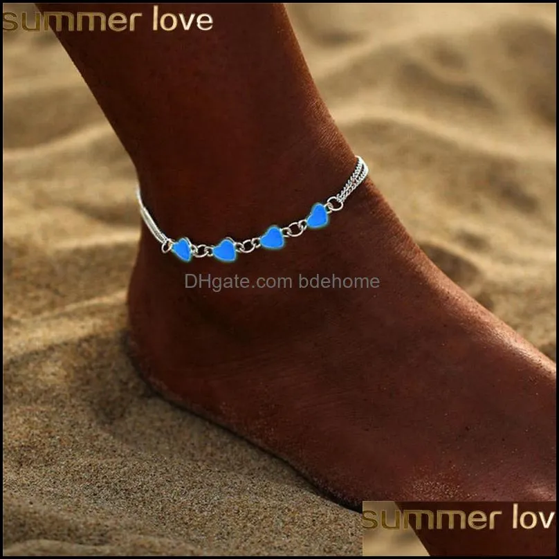 bohemia luminous heart pendant anklets for women pretty pentagram star bracelet on the leg lover anklet fashion female barefoot