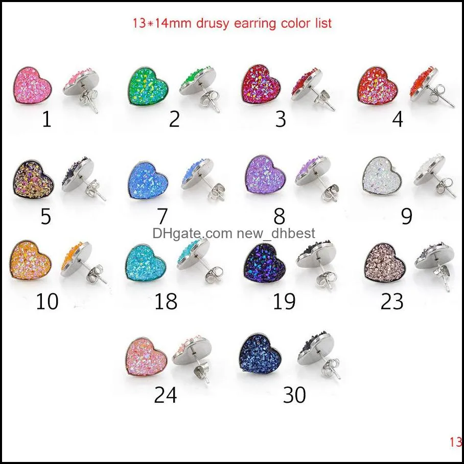 fashion druzy stud earrings shiny womens round heart shape drop resin stone dangle gold silver earrings for ladies jewelry in bulk