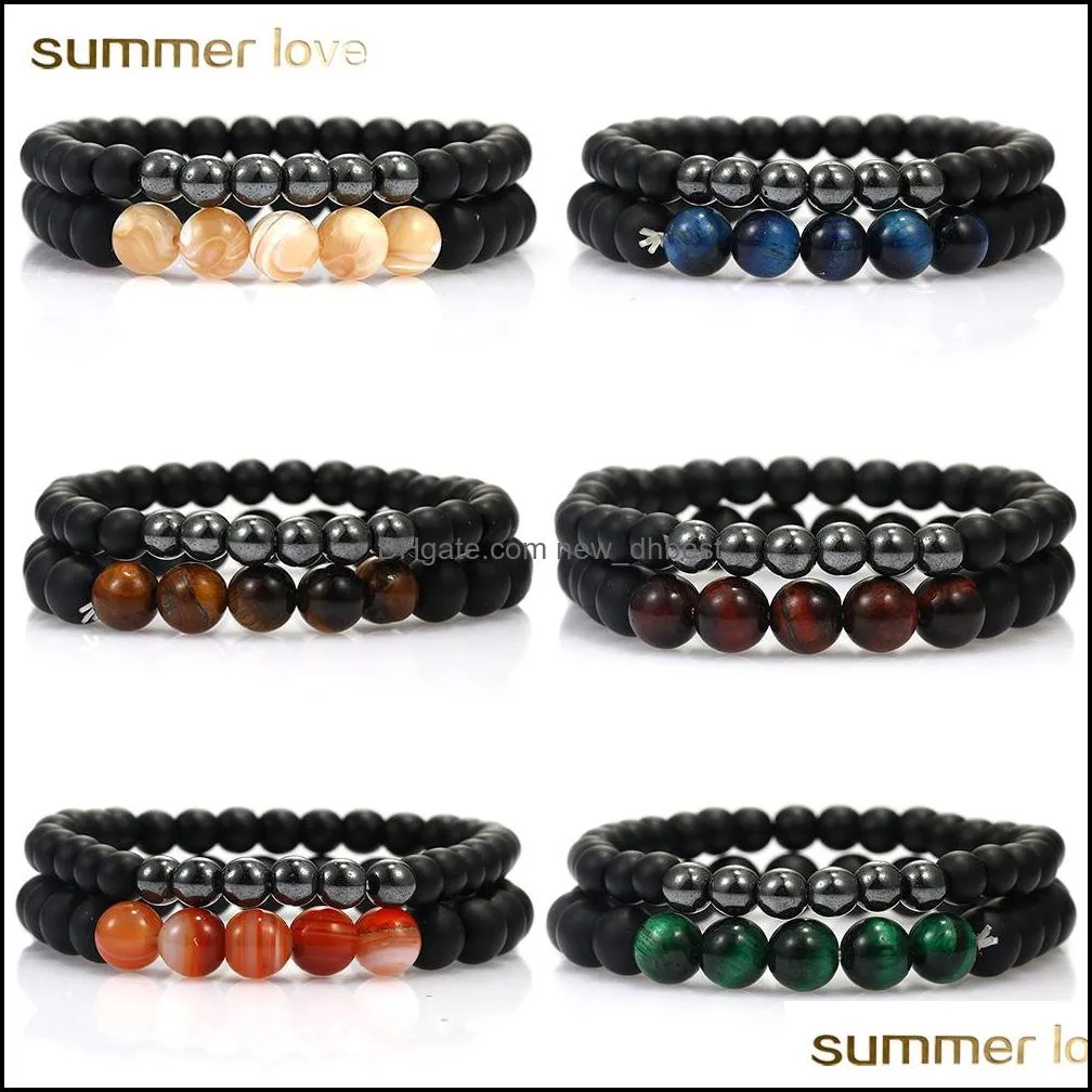 2 pcs/ set fashion beaded bracelet natural agate tiger eye stone bracelet for women men elastic lover couple yoga bracelet jewelry