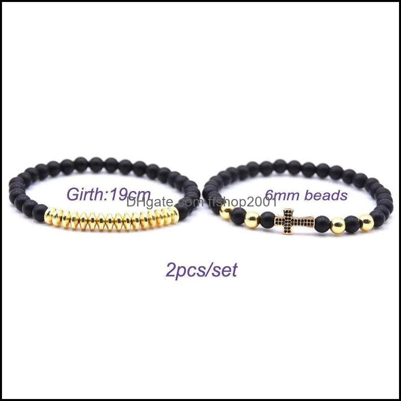 natural stone black matte bracelets bangle yoga beads 2pcs/set fashion cross elastic bracelet for women men jewelry dhs