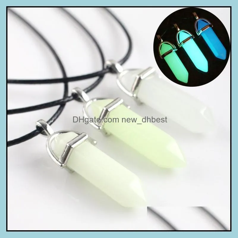 glow in the dark natural stone necklace for women quartz healing crystal point hexagonal bullet pendant rope chains men s fashion