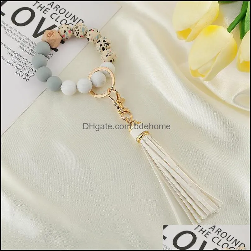 party favor silicone bead bracelet key ring anti loss wood women tassel keys chain 9 style 2250 t2