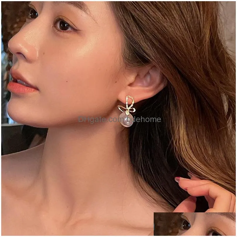 fashion jewelry s925 silver post earrings for women zircon butterfly faux pearl stud earrings