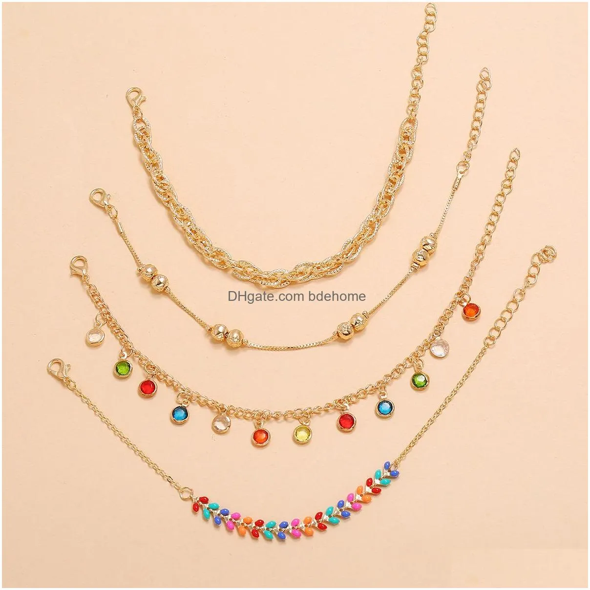 bohemian fashion jewelry 4pcs/set anklet set leaves beaded rhinstone exotic handmade beads chain anklet set