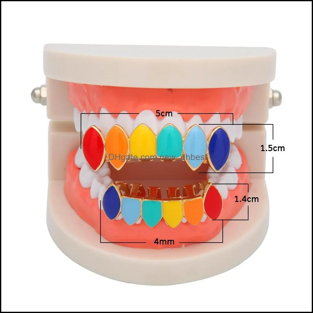 hip hop rainbow teeth grillz top bottom fale grills dental gold silver tooth caps for women men halloween body jewerly with box