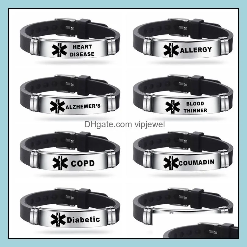  silicone medical alert id bracelets for men women stainless steel engravable bracelet diabetes serious illness emergency remind